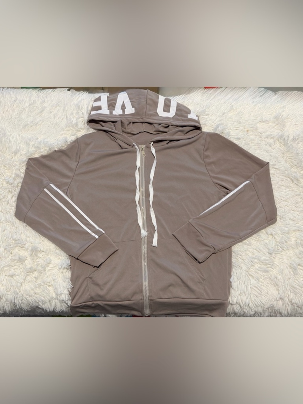 Taupe Zip-Up Hoodie with White Trim